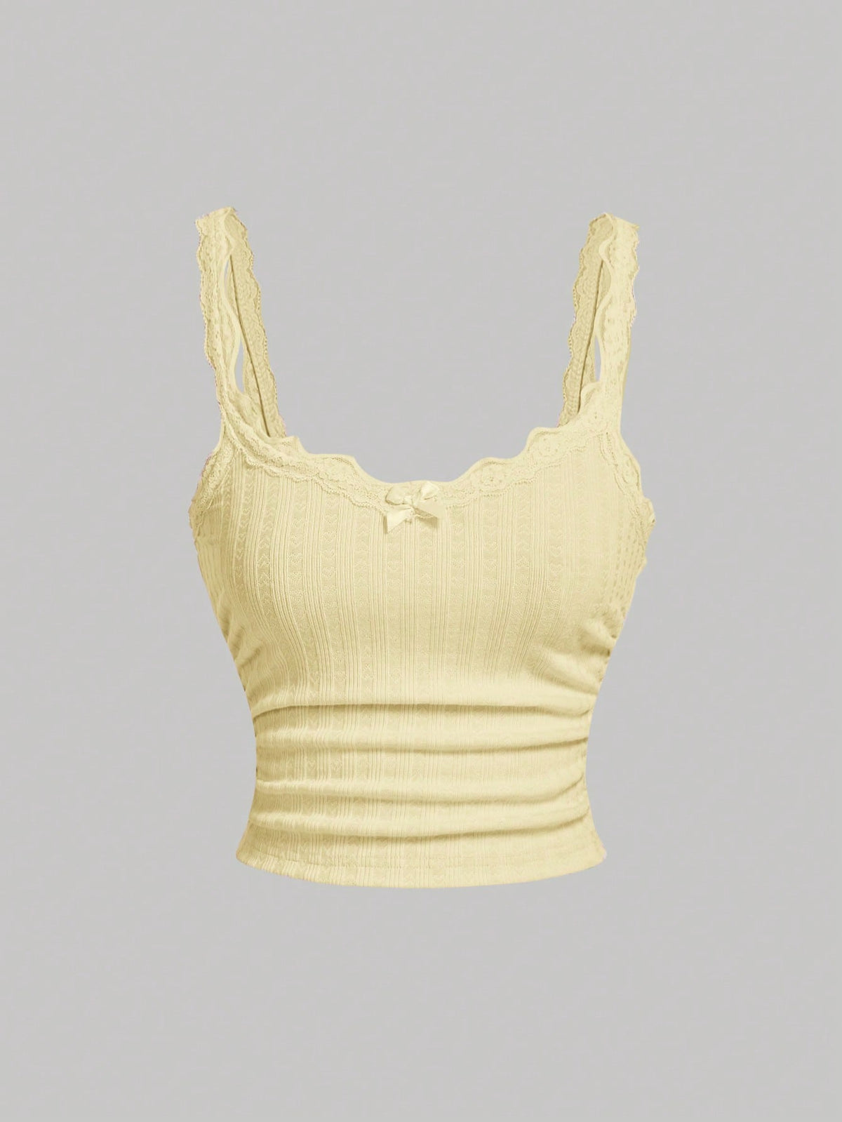 Skyraze Cute Solid Color Cami Top With Pleated Lace Patchwork Bow, Singlet, Fall, Bow Top, Cute School Top, Back To School Top