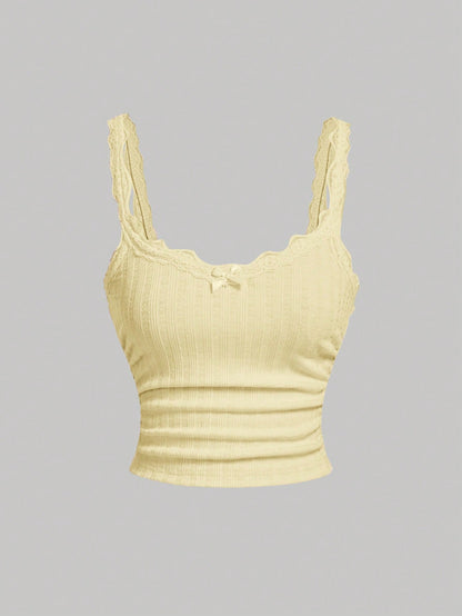 Skyraze Cute Solid Color Cami Top With Pleated Lace Patchwork Bow, Singlet, Fall, Bow Top, Cute School Top, Back To School Top