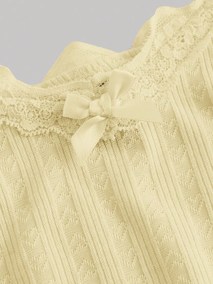Skyraze Cute Solid Color Cami Top With Pleated Lace Patchwork Bow, Singlet, Fall, Bow Top, Cute School Top, Back To School Top