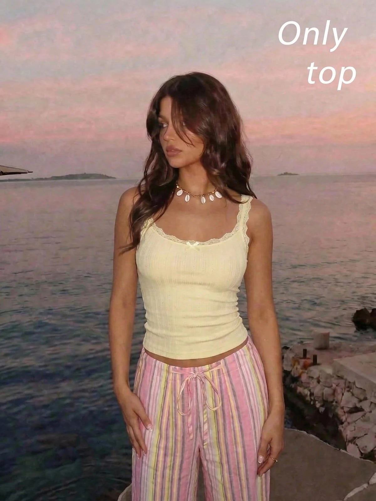 Skyraze Cute Solid Color Cami Top With Pleated Lace Patchwork Bow, Singlet, Fall, Bow Top, Cute School Top, Back To School Top