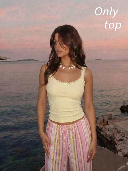 Skyraze Cute Solid Color Cami Top With Pleated Lace Patchwork Bow, Singlet, Fall, Bow Top, Cute School Top, Back To School Top