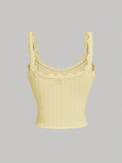 Skyraze Cute Solid Color Cami Top With Pleated Lace Patchwork Bow, Singlet, Fall, Bow Top, Cute School Top, Back To School Top