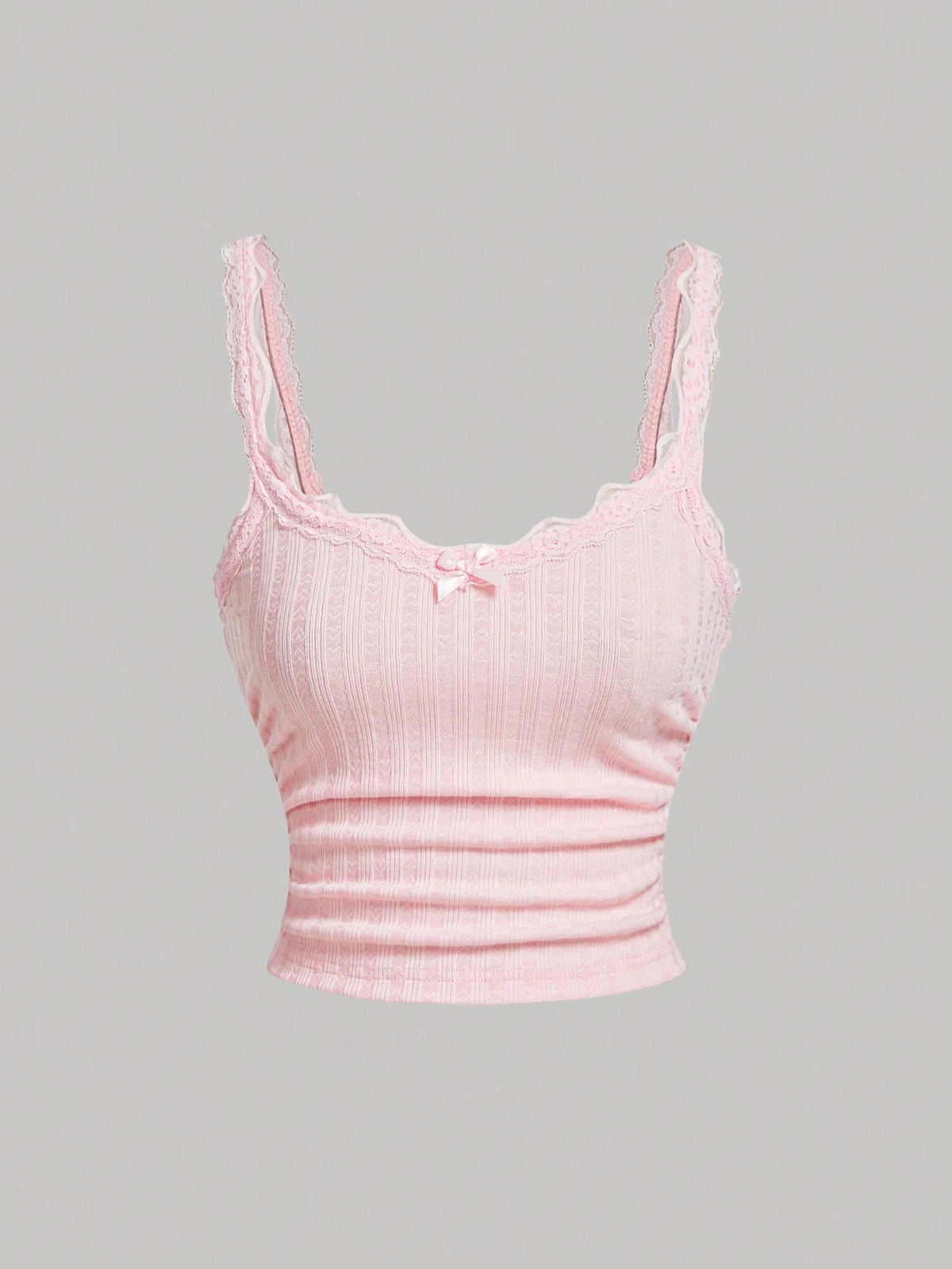 Skyraze Cute Solid Color Cami Top With Pleated Lace Patchwork Bow, Singlet, Fall, Bow Top, Cute School Top, Back To School Top