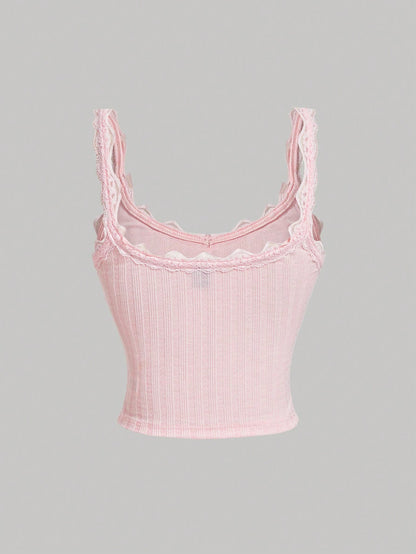 Skyraze Cute Solid Color Cami Top With Pleated Lace Patchwork Bow, Singlet, Fall, Bow Top, Cute School Top, Back To School Top
