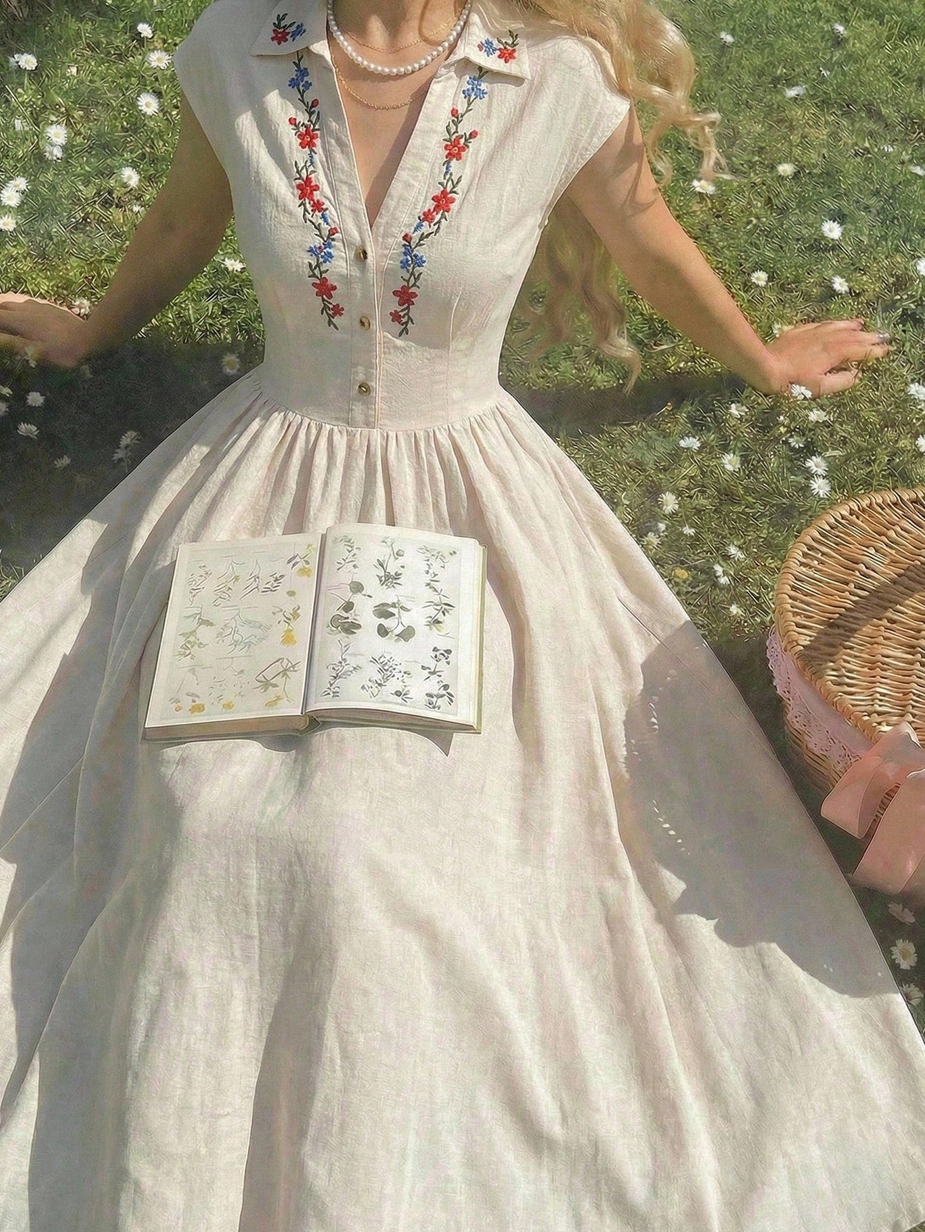 Skyraze Vintage Sexy Beige Embroidered Button-Up Shirt Midi Dress,Cottage Core Summer Picnic Outfits, French Style Wildflower Elegant Wedding Guest Vacation