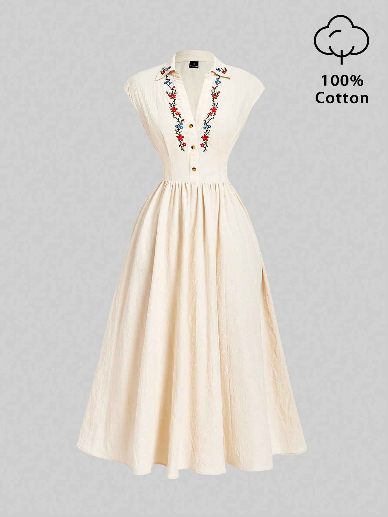 Skyraze Vintage Sexy Beige Embroidered Button-Up Shirt Midi Dress,Cottage Core Summer Picnic Outfits, French Style Wildflower Elegant Wedding Guest Vacation