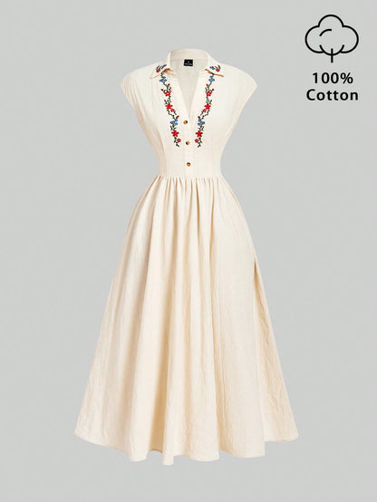 Skyraze Vintage Sexy Beige Embroidered Button-Up Shirt Midi Dress,Cottage Core Summer Picnic Outfits, French Style Wildflower Elegant Wedding Guest Vacation