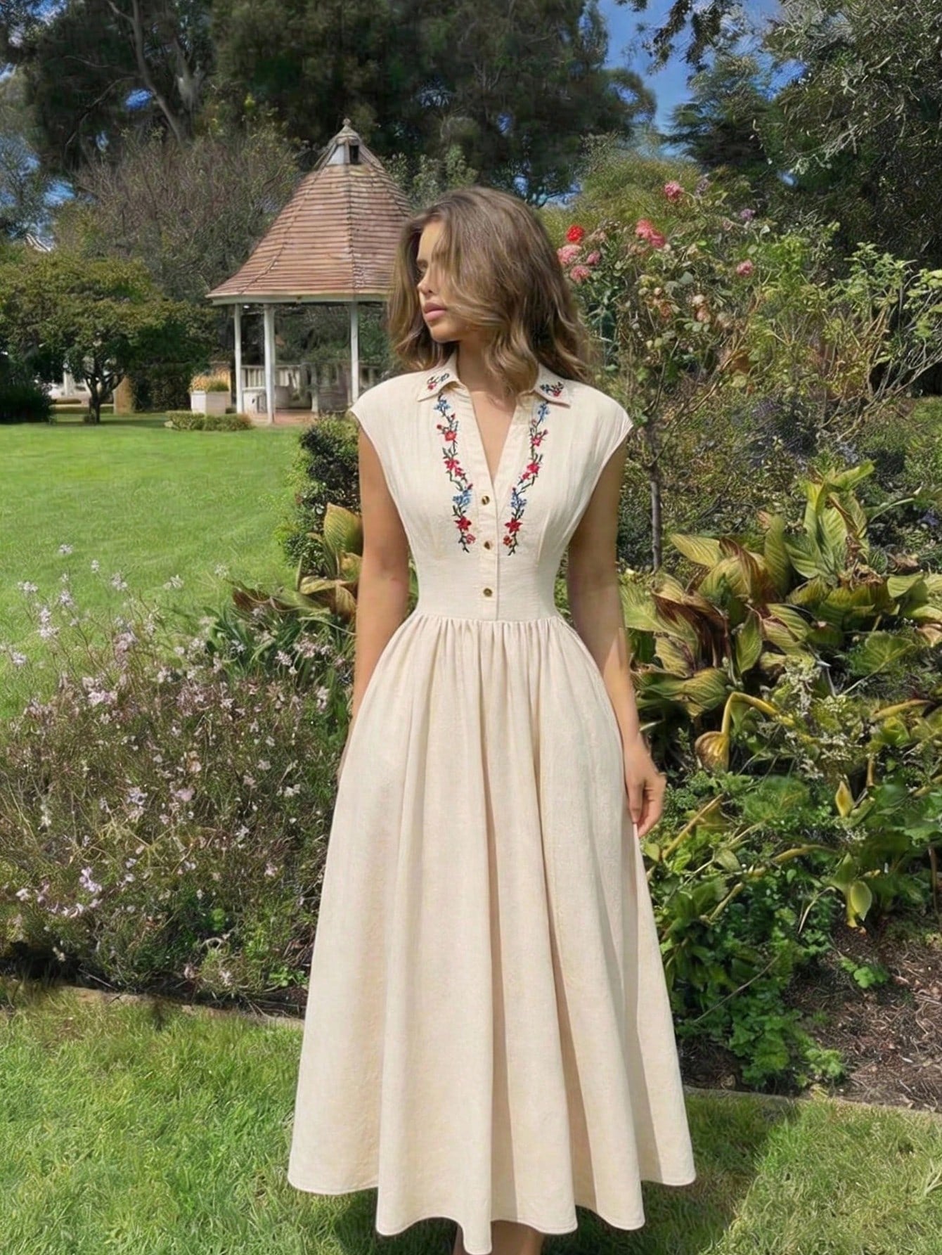 Skyraze Vintage Sexy Beige Embroidered Button-Up Shirt Midi Dress,Cottage Core Summer Picnic Outfits, French Style Wildflower Elegant Wedding Guest Vacation