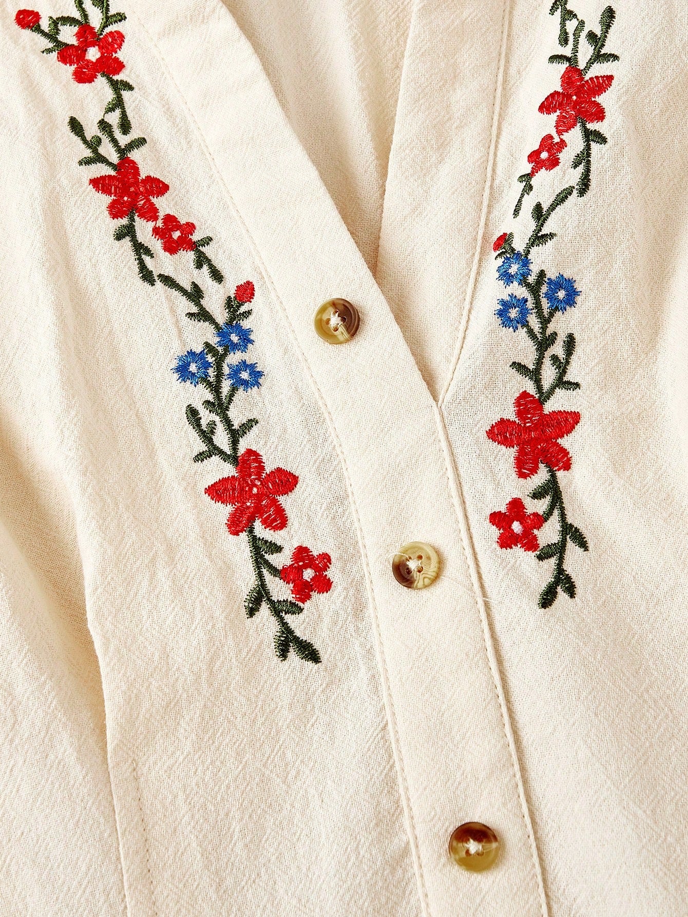 Skyraze Vintage Sexy Beige Embroidered Button-Up Shirt Midi Dress,Cottage Core Summer Picnic Outfits, French Style Wildflower Elegant Wedding Guest Vacation