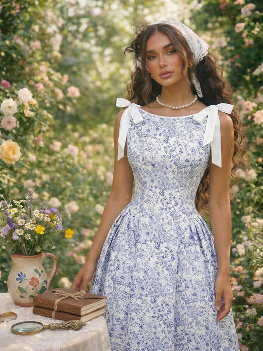 Skyraze White And Blue Floral Summer Elegant Cottage Fairycore Garden Party Vacation Dress Sleeveless Round Neck Contrast Trim Bow Decor Wedding