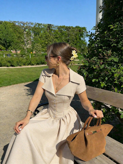 Skyraze Women's Beige Button Fitted Elegant Cottage Mid-Length Dress, Vintage Court Style, Old Money Vibe, Summer Core Tea Party Vacation Wedding Guest French