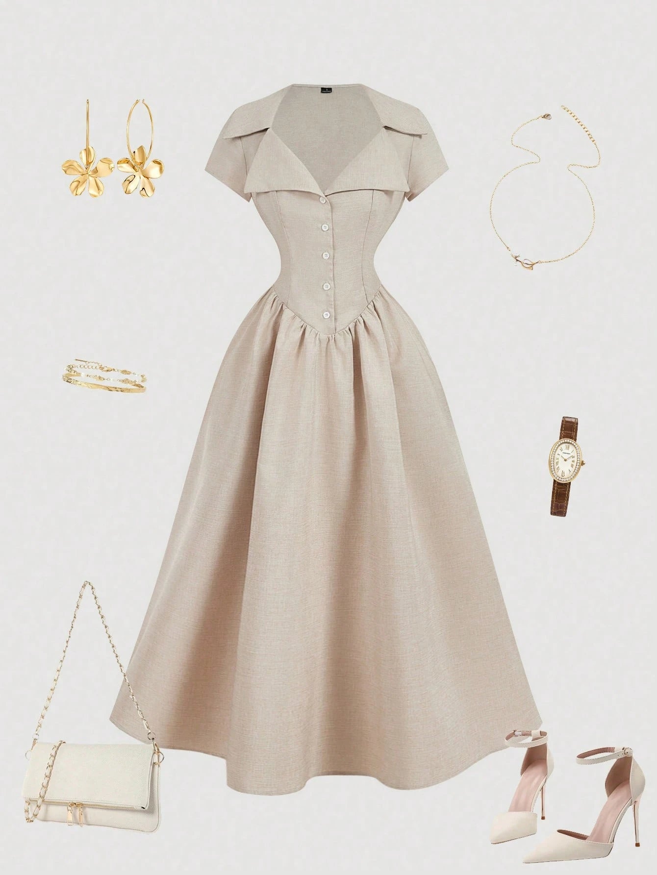 Skyraze Women's Beige Button Fitted Elegant Cottage Mid-Length Dress, Vintage Court Style, Old Money Vibe, Summer Core Tea Party Vacation Wedding Guest French