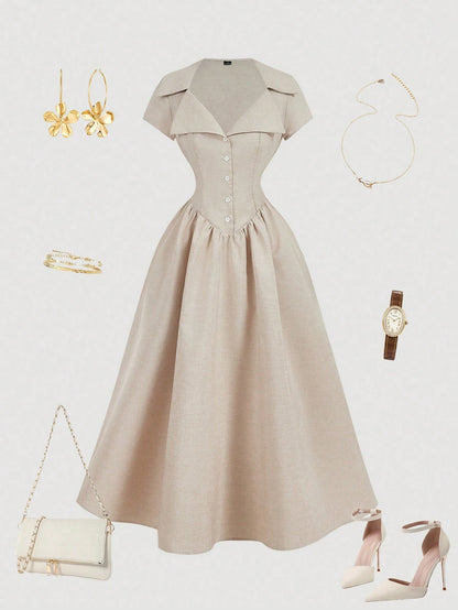 Skyraze Women's Beige Button Fitted Elegant Cottage Mid-Length Dress, Vintage Court Style, Old Money Vibe, Summer Core Tea Party Vacation Wedding Guest French