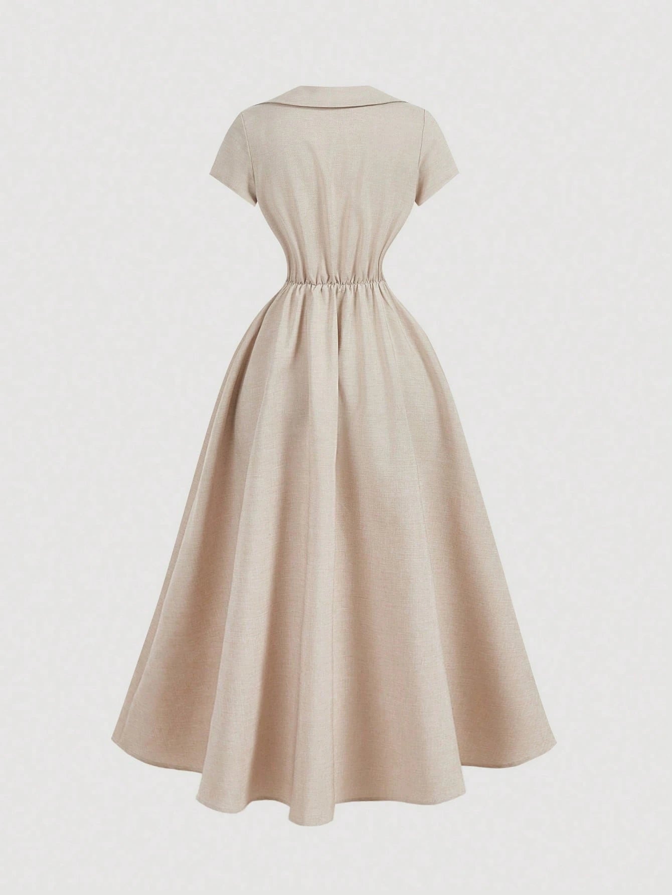 Skyraze Women's Beige Button Fitted Elegant Cottage Mid-Length Dress, Vintage Court Style, Old Money Vibe, Summer Core Tea Party Vacation Wedding Guest French