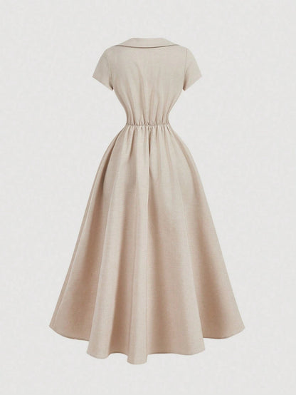 Skyraze Women's Beige Button Fitted Elegant Cottage Mid-Length Dress, Vintage Court Style, Old Money Vibe, Summer Core Tea Party Vacation Wedding Guest French