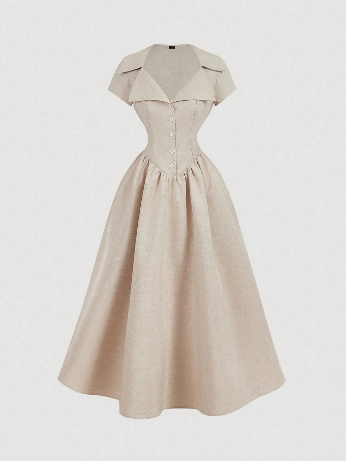 Skyraze Women's Beige Button Fitted Elegant Cottage Mid-Length Dress, Vintage Court Style, Old Money Vibe, Summer Core Tea Party Vacation Wedding Guest French