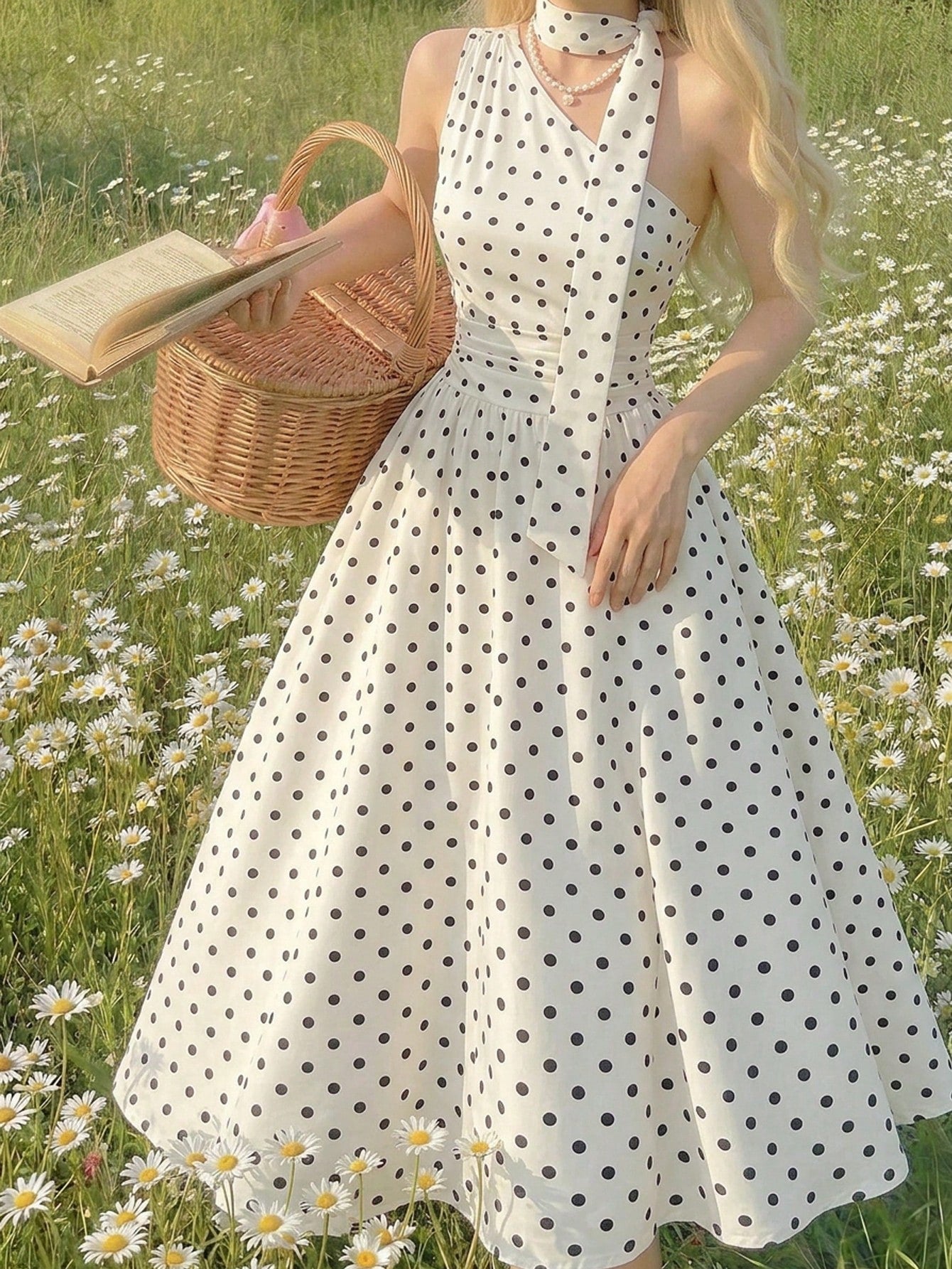 Skyraze Women's Black White Polka Dot Summer Sleeveless Midi Dress,1960s Vintage Picnic Holiday,Elegant 1950s A Line Party,Wedding Guest & Graduation Dress