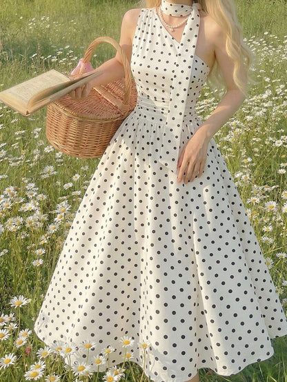 Skyraze Women's Black White Polka Dot Summer Sleeveless Midi Dress,1960s Vintage Picnic Holiday,Elegant 1950s A Line Party,Wedding Guest & Graduation Dress