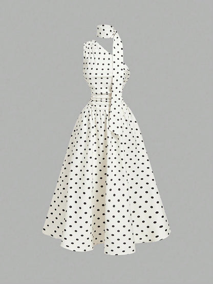Skyraze Women's Black White Polka Dot Summer Sleeveless Midi Dress,1960s Vintage Picnic Holiday,Elegant 1950s A Line Party,Wedding Guest & Graduation Dress