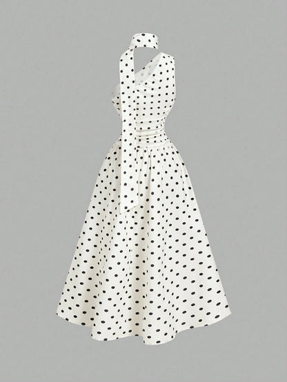 Skyraze Women's Black White Polka Dot Summer Sleeveless Midi Dress,1960s Vintage Picnic Holiday,Elegant 1950s A Line Party,Wedding Guest & Graduation Dress