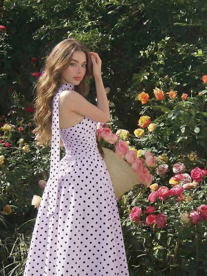 Skyraze Women's Black White Polka Dot Summer Sleeveless Midi Dress,1960s Vintage Picnic Holiday,Elegant 1950s A Line Party,Wedding Guest & Graduation Dress