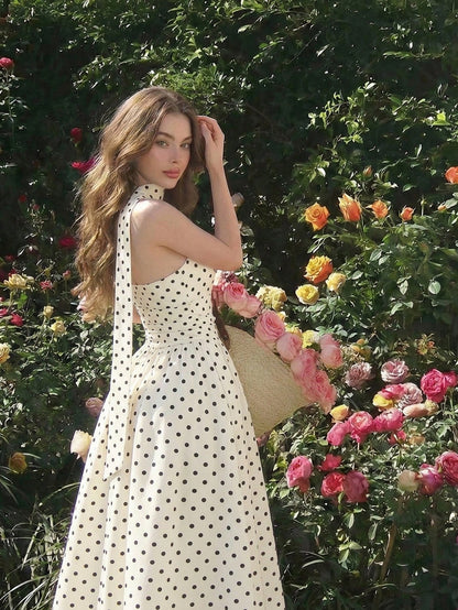 Skyraze Women's Black White Polka Dot Summer Sleeveless Midi Dress,1960s Vintage Picnic Holiday,Elegant 1950s A Line Party,Wedding Guest & Graduation Dress
