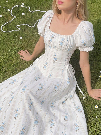 Skyraze Women's Retro Blue & White Wallpaper Print Petal Sleeve Midi Dress,Off-White Square Neck,Puff Sleeves A-Line,Summer,Modest,Picnic,Wedding Guest Dress