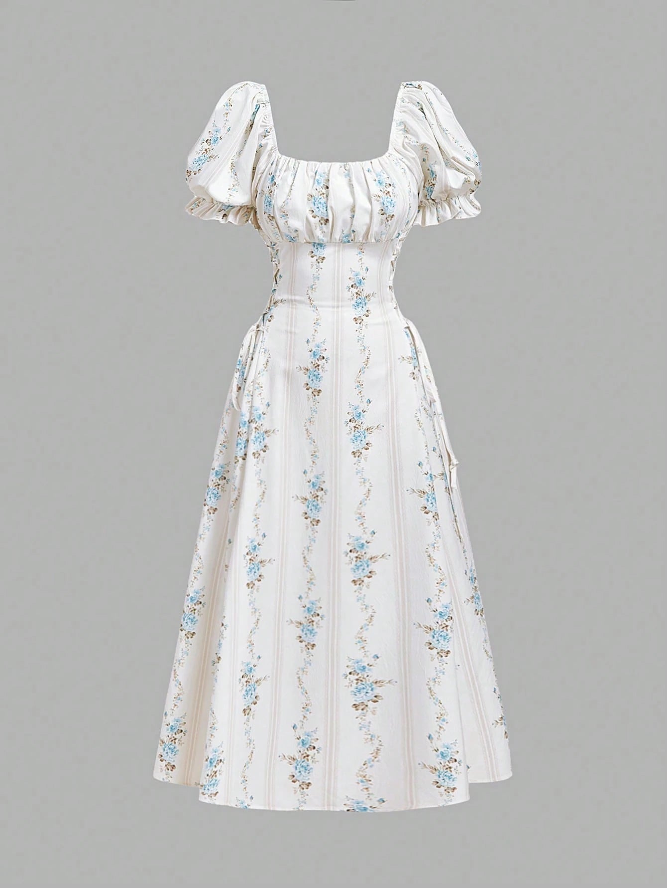 Skyraze Women's Retro Blue & White Wallpaper Print Petal Sleeve Midi Dress,Off-White Square Neck,Puff Sleeves A-Line,Summer,Modest,Picnic,Wedding Guest Dress