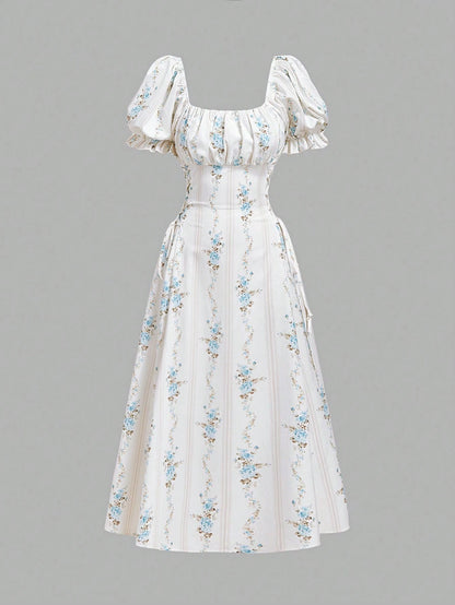 Skyraze Women's Retro Blue & White Wallpaper Print Petal Sleeve Midi Dress,Off-White Square Neck,Puff Sleeves A-Line,Summer,Modest,Picnic,Wedding Guest Dress