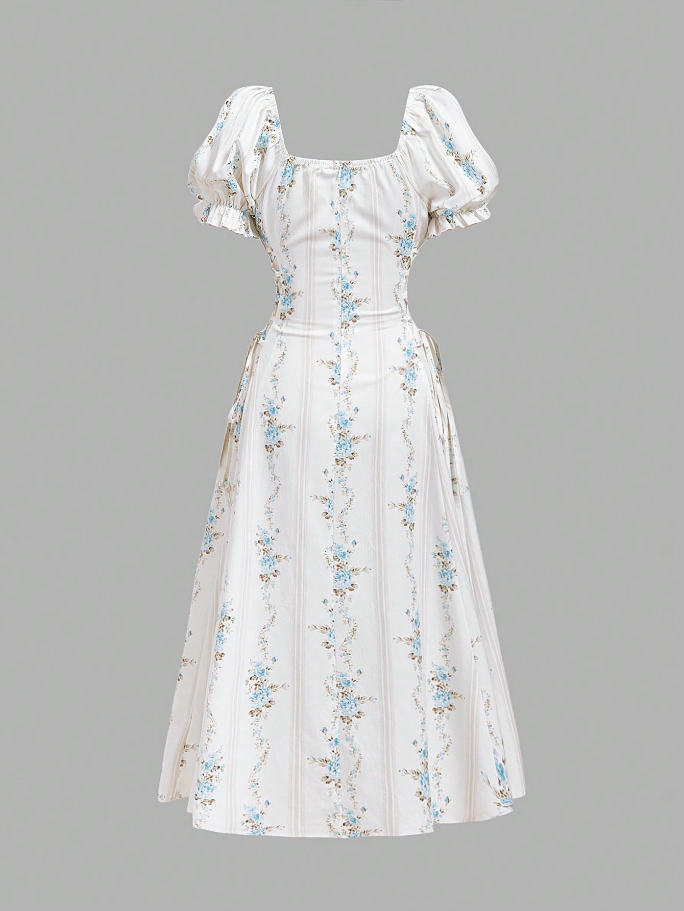 Skyraze Women's Retro Blue & White Wallpaper Print Petal Sleeve Midi Dress,Off-White Square Neck,Puff Sleeves A-Line,Summer,Modest,Picnic,Wedding Guest Dress