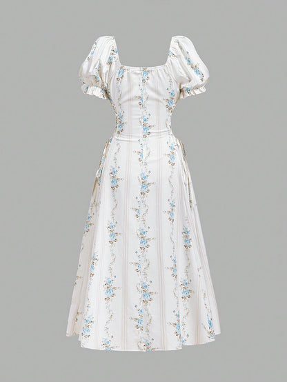 Skyraze Women's Retro Blue & White Wallpaper Print Petal Sleeve Midi Dress,Off-White Square Neck,Puff Sleeves A-Line,Summer,Modest,Picnic,Wedding Guest Dress