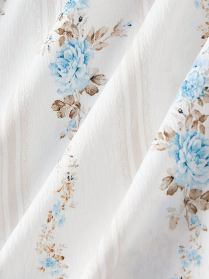 Skyraze Women's Retro Blue & White Wallpaper Print Petal Sleeve Midi Dress,Off-White Square Neck,Puff Sleeves A-Line,Summer,Modest,Picnic,Wedding Guest Dress