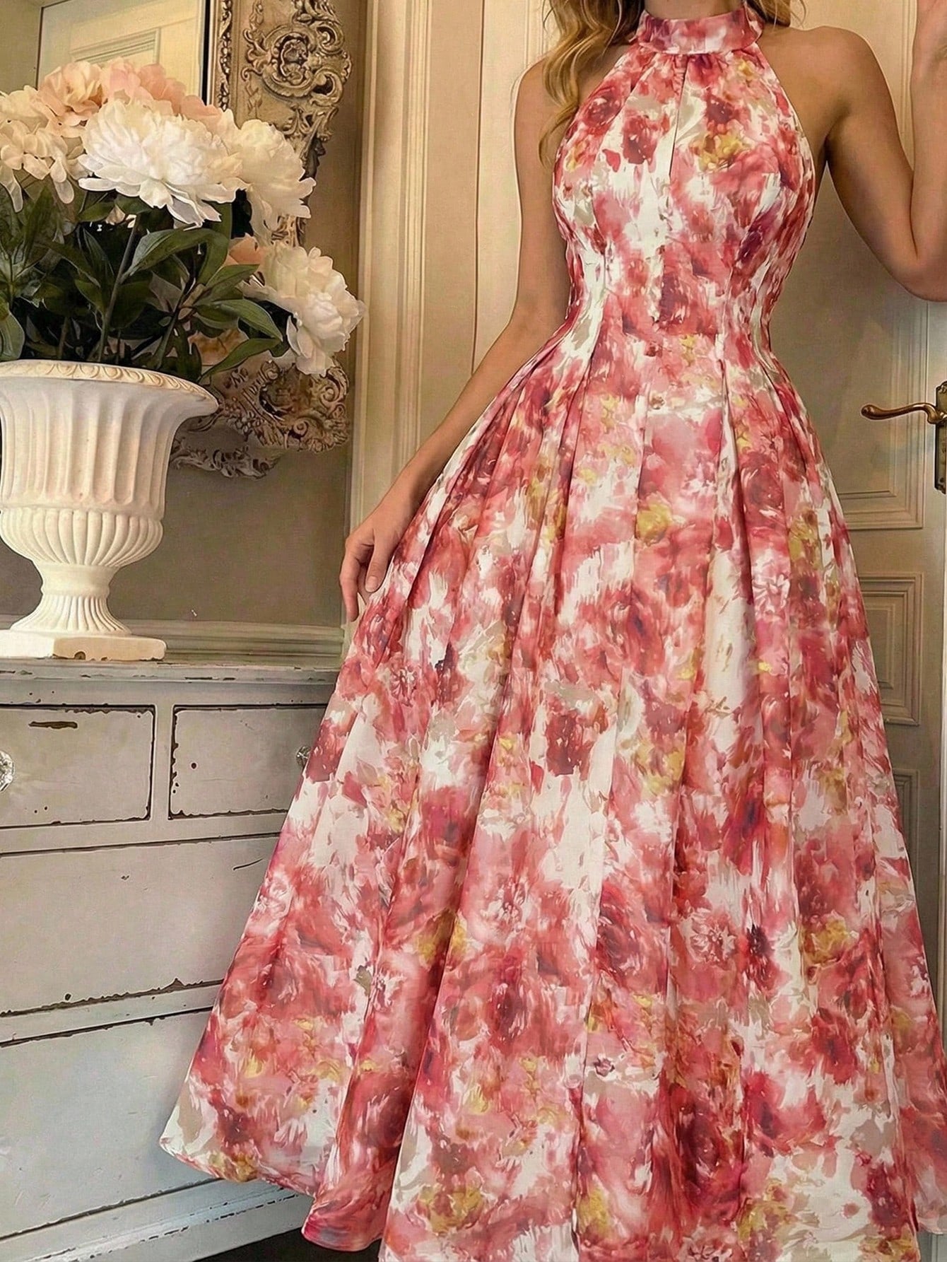 Skyraze Women's White Floral Print Cinched Waist Neck Dress,Summer,Elegant Romantic,Garden Party Birthday Mother Of The Bride,Wedding,Retro,Vintage