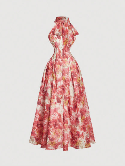 Skyraze Women's White Floral Print Cinched Waist Neck Dress,Summer,Elegant Romantic,Garden Party Birthday Mother Of The Bride,Wedding,Retro,Vintage