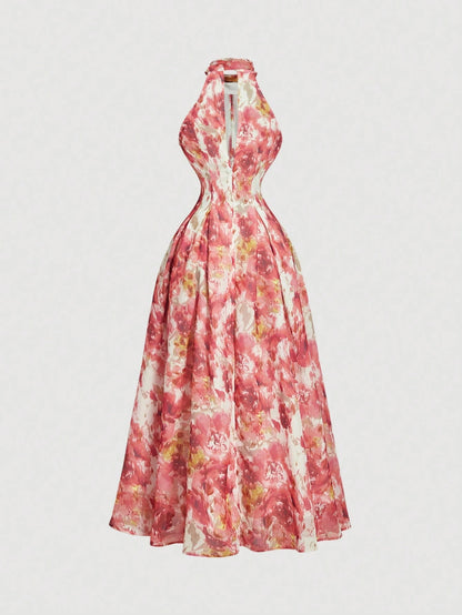 Skyraze Women's White Floral Print Cinched Waist Neck Dress,Summer,Elegant Romantic,Garden Party Birthday Mother Of The Bride,Wedding,Retro,Vintage