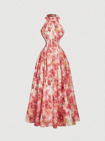 Skyraze Women's White Floral Print Cinched Waist Neck Dress,Summer,Elegant Romantic,Garden Party Birthday Mother Of The Bride,Wedding,Retro,Vintage