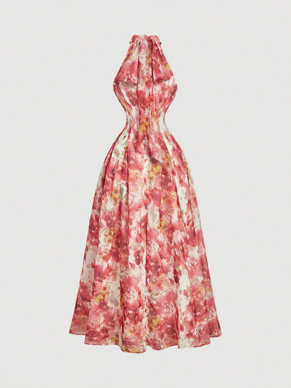 Skyraze Women's White Floral Print Cinched Waist Neck Dress,Summer,Elegant Romantic,Garden Party Birthday Mother Of The Bride,Wedding,Retro,Vintage
