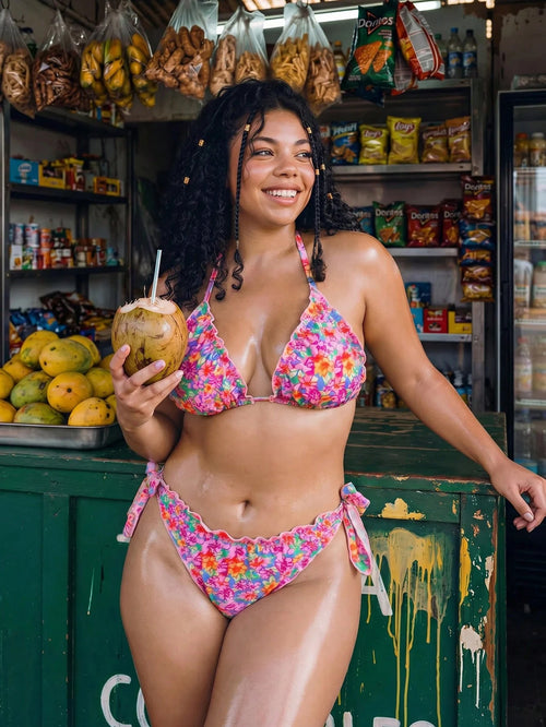 Slaydiva 2026 New Plus Size Women 2-Piece Colorful Floral Ruffle Halter Tie Bikini Swimsuit, Beach Vacation Swimwear, Summer Holiday Outfit, Party Wear, Elegant Women Beach Swimsuit, Women Vacation Cl