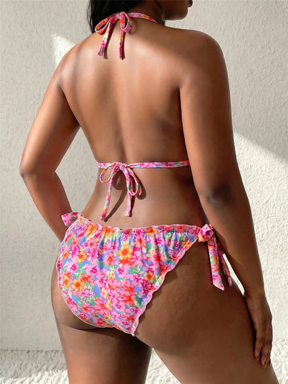 Slaydiva 2026 New Plus Size Women 2-Piece Colorful Floral Ruffle Halter Tie Bikini Swimsuit, Beach Vacation Swimwear, Summer Holiday Outfit, Party Wear, Elegant Women Beach Swimsuit, Women Vacation Cl
