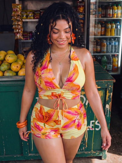 Slaydiva 2026 New Plus Size Women 2pcs Set Floral Print Deep V Drawstring Ruched Halter Top With High Waist Drawstring Shorts Summer Beach Vacation Sexy