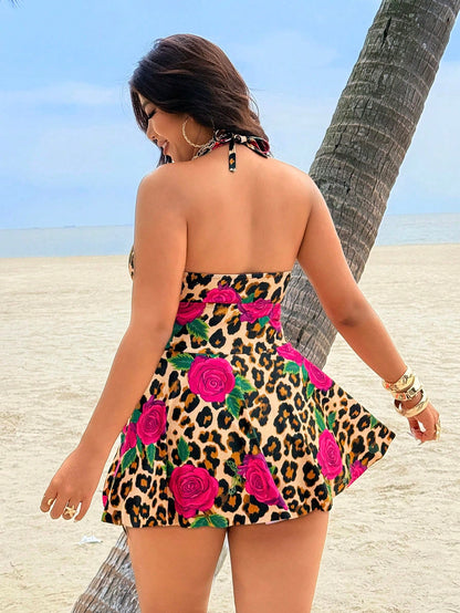 Slaydiva 2026 Spring/Summer Plus Size Women Leopard Print Halter One-Piece Swimsuit