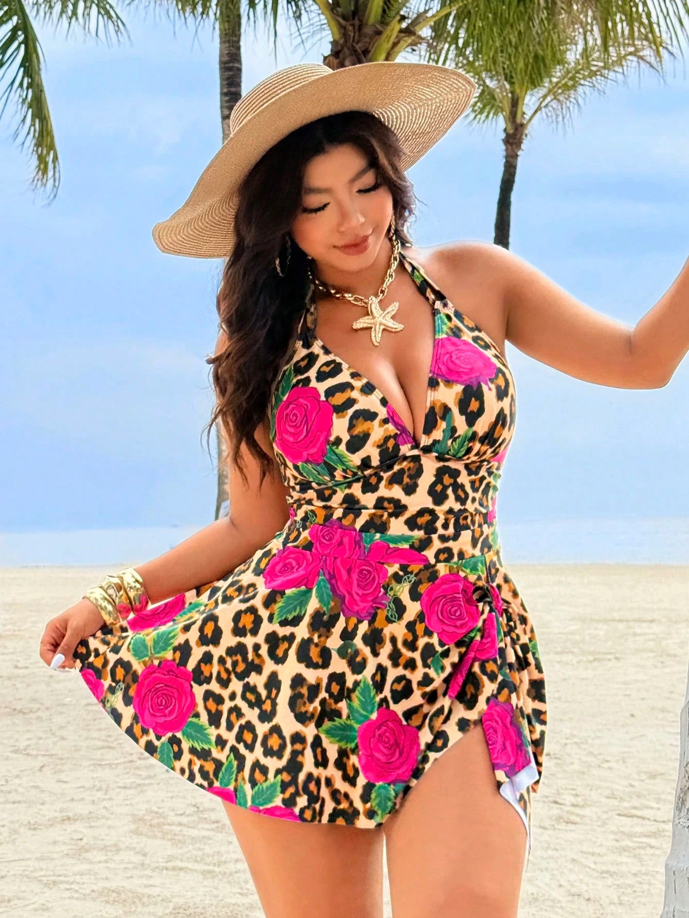 Slaydiva 2026 Spring/Summer Plus Size Women Leopard Print Halter One-Piece Swimsuit
