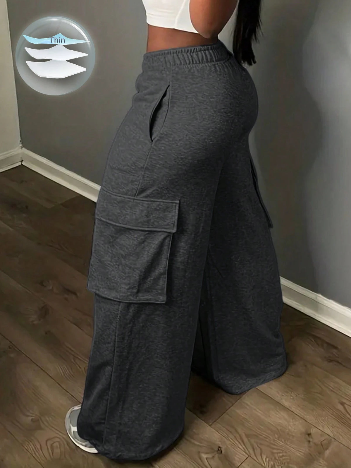 Slaydiva Casual Cargo Style Pocket Wide Leg Floral Gray Women's Trousers-C