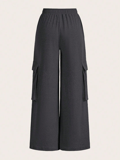 Slaydiva Casual Cargo Style Pocket Wide Leg Floral Gray Women's Trousers-C