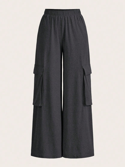 Slaydiva Casual Cargo Style Pocket Wide Leg Floral Gray Women's Trousers-C