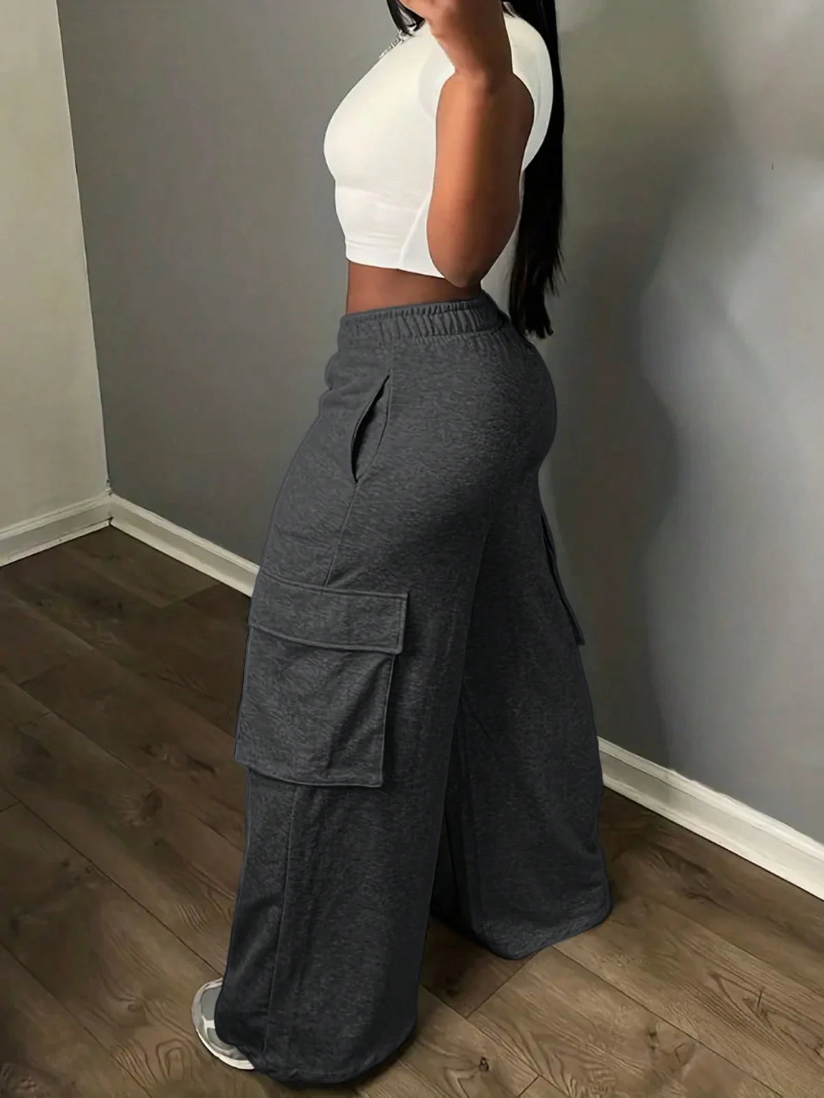 Slaydiva Casual Cargo Style Pocket Wide Leg Floral Gray Women's Trousers-C