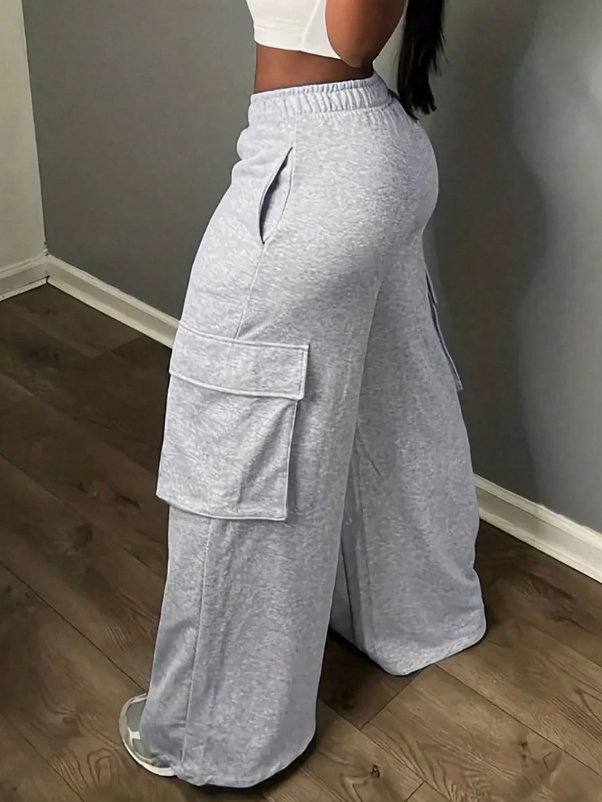Slaydiva Casual Cargo Style Pocket Wide Leg Floral Gray Women's Trousers-C