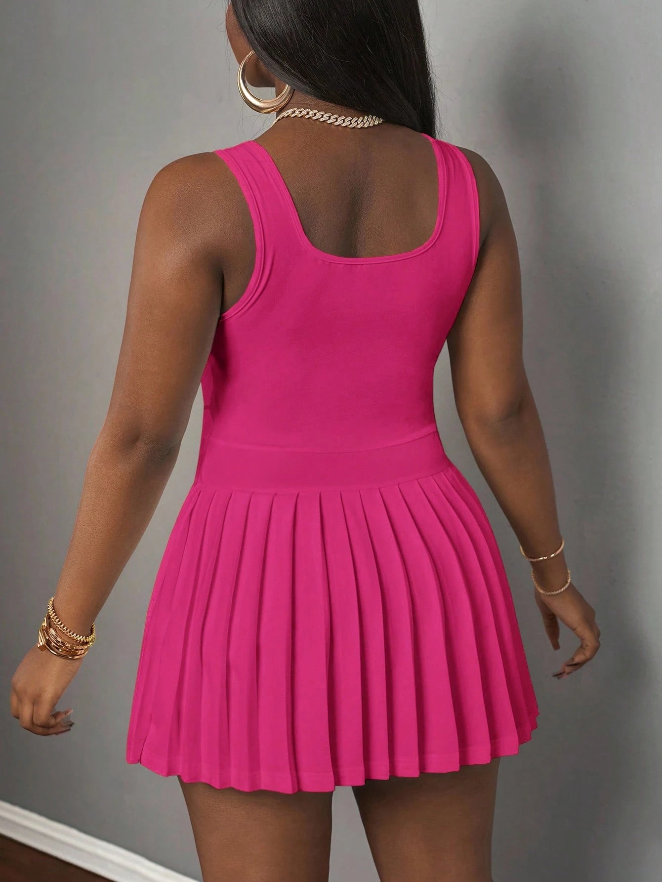 Slaydiva Magenta Summer Cute City Break Women's Knitted Mini Dress,Casual Simple U-Neck Racer Vest Pleated Skirt With Shorts Culottes Basic Sporty Outfit