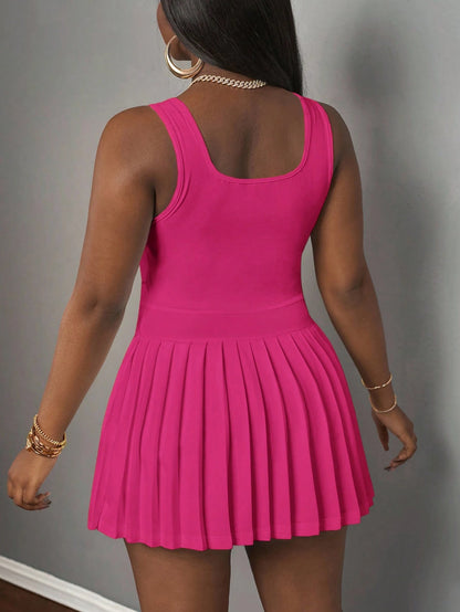 Slaydiva Magenta Summer Cute City Break Women's Knitted Mini Dress,Casual Simple U-Neck Racer Vest Pleated Skirt With Shorts Culottes Basic Sporty Outfit