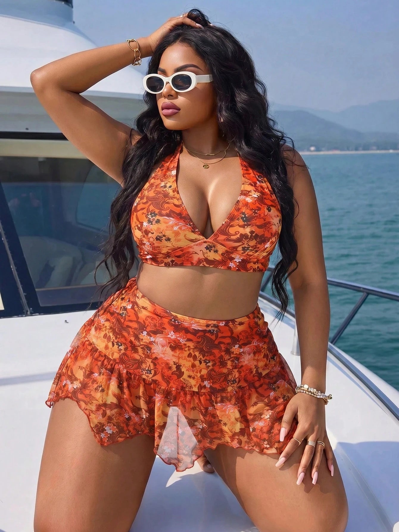 Slaydiva Plus Size Burnt Orange Halter V-Neck Swimsuit Set With High-Waisted Triangle Bottoms,Sheer Skirt Overlay,Summer Beach Vacation Wedding Holiday Outfit